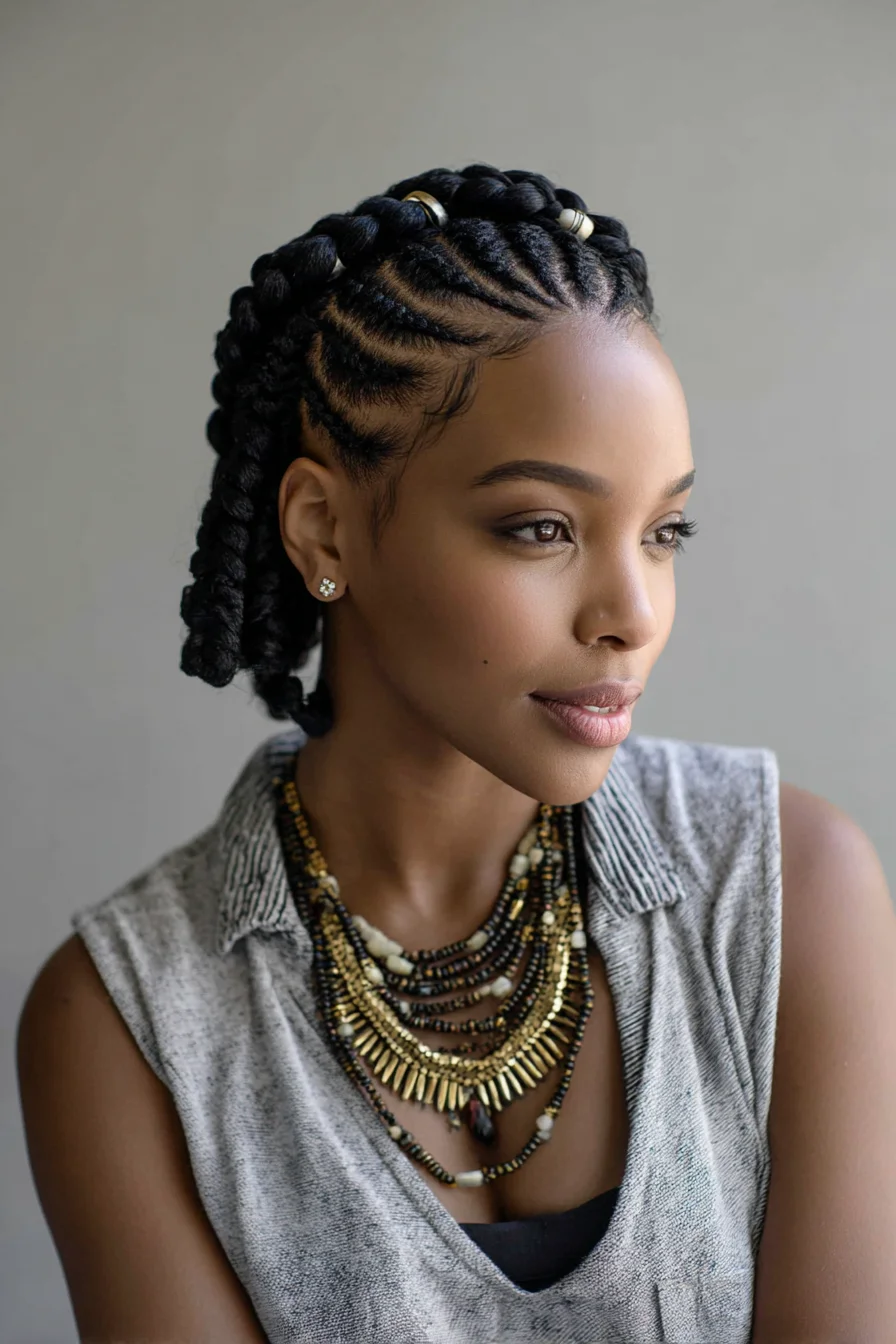 Arched Cornrows Into Chunky Feed‑In Braids with Gold Cuffs