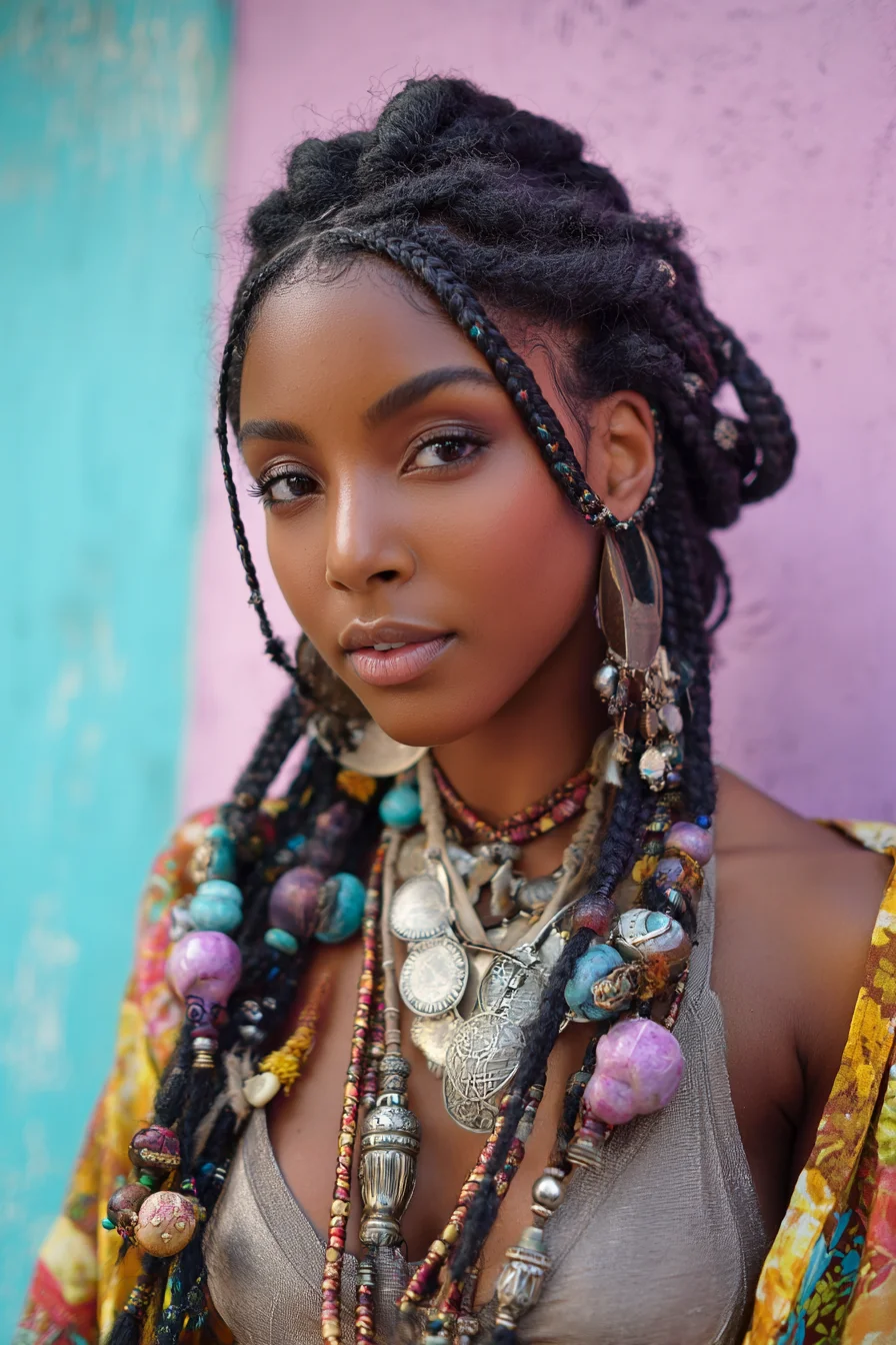 Beaded Boho Locs with Accent Microbraids — Textured Updo & Face-Framing Braids