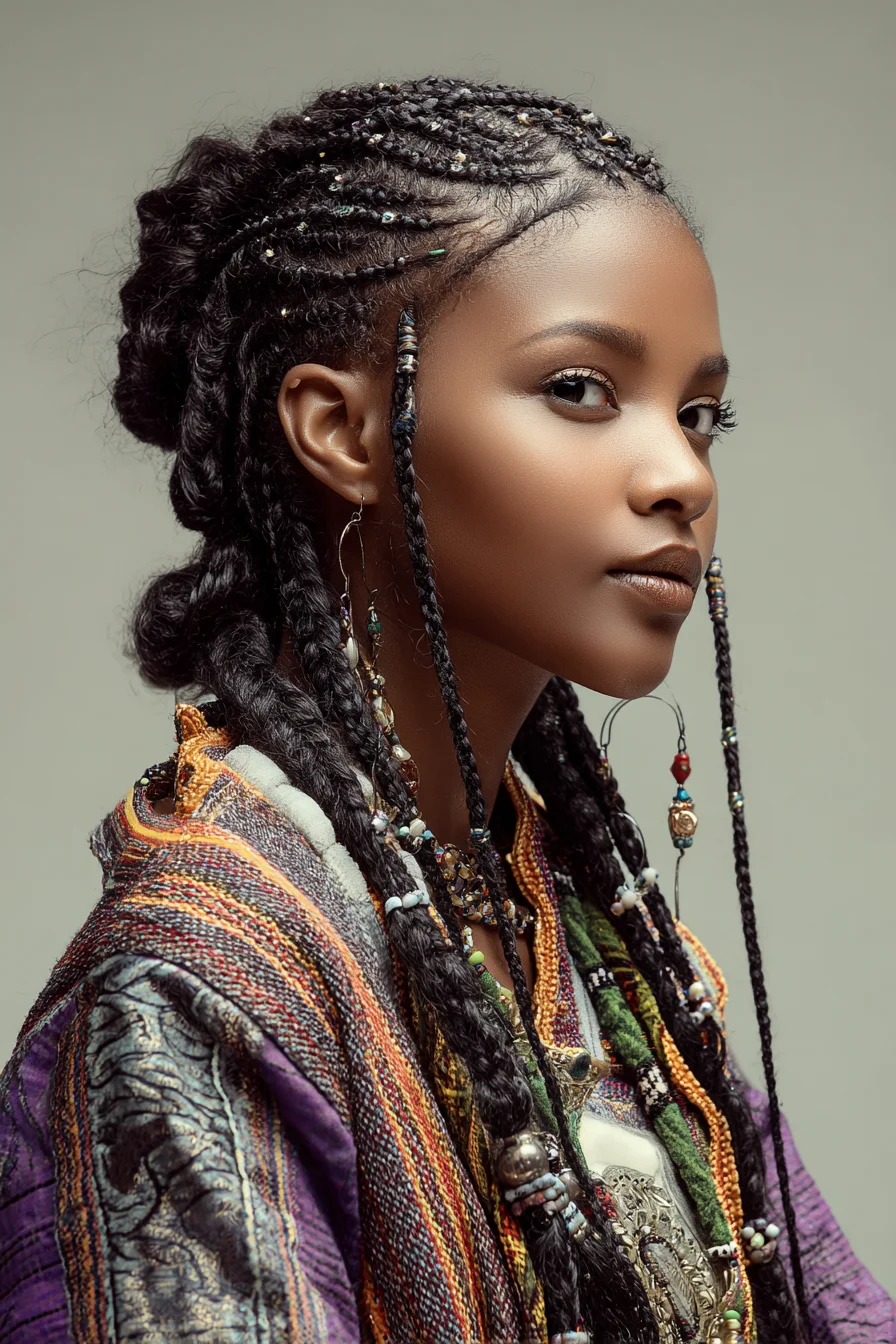 Beaded Feed‑In Cornrows into Long Box Braids with Textured Bun