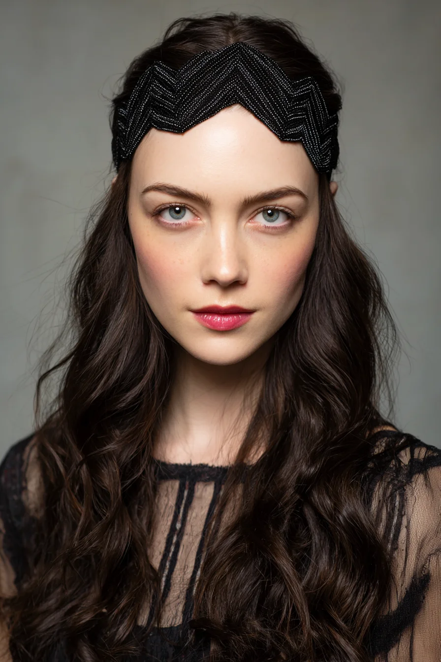 Beaded Headband with Soft Romantic Waves for Long Hair