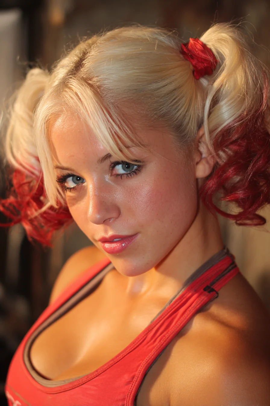 Blonde High Pigtails with Red Dip‑Dye Curls and Curtain Bangs