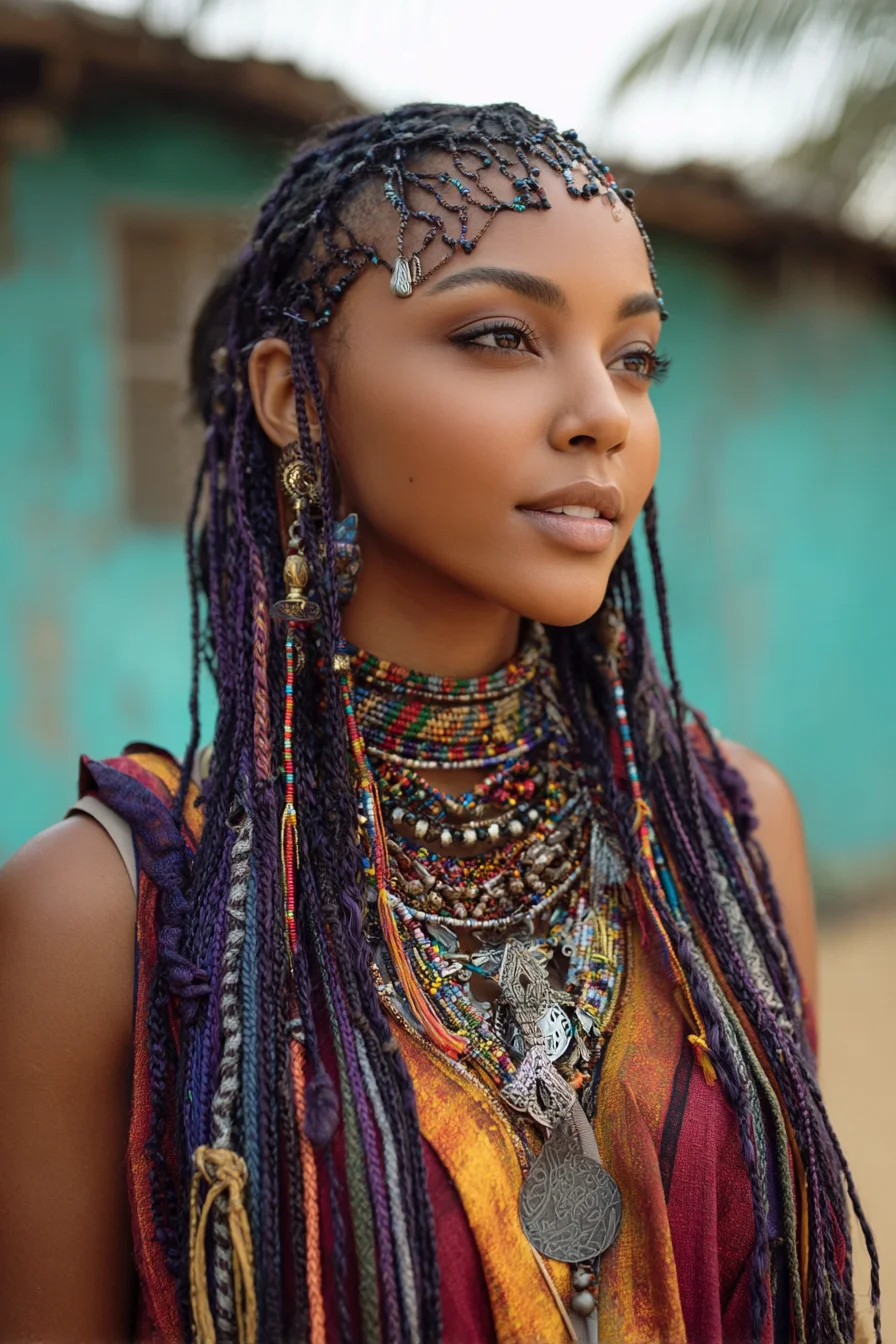 Bohemian Micro Braids with Beaded Forehead Net and Colorful Thread Wraps