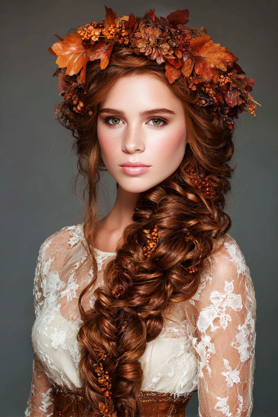 Bohemian Side Fishtail Braid with Floral Crown — Romantic Bridal Hairstyle