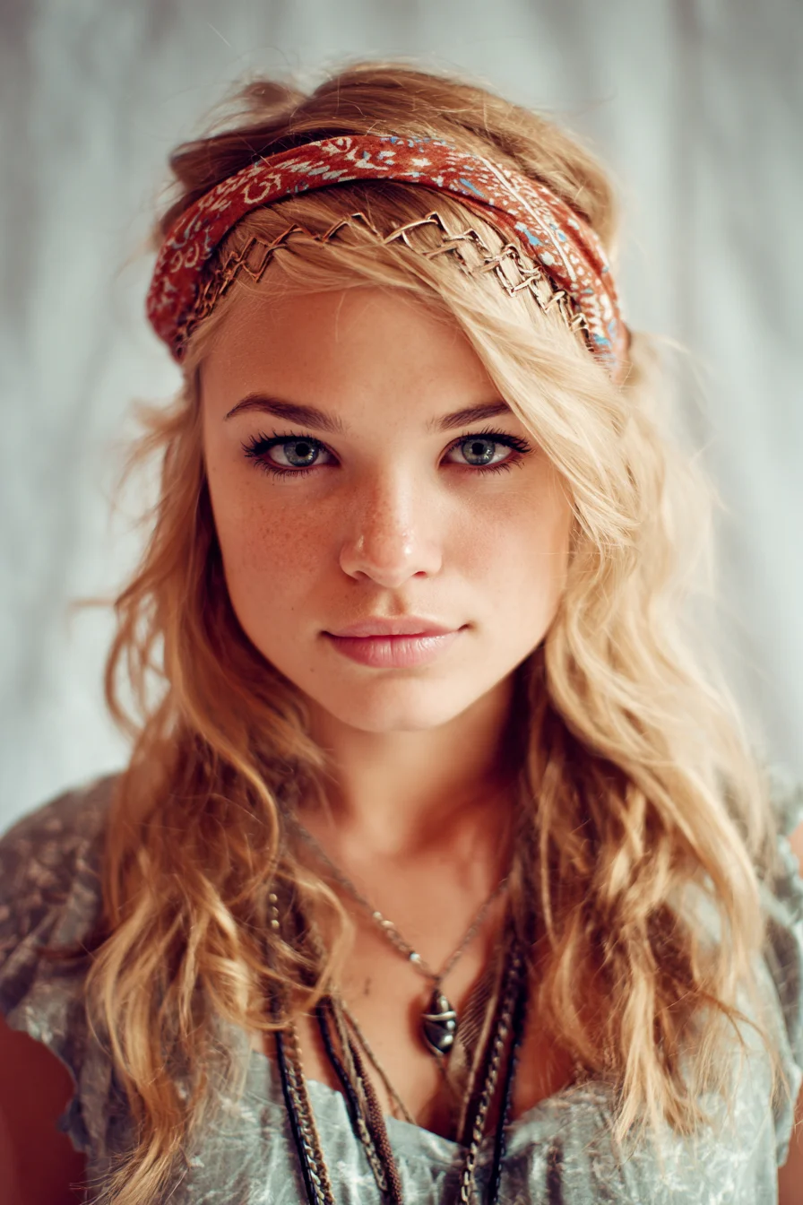 Boho Beach Waves with Scarf Headband Accent