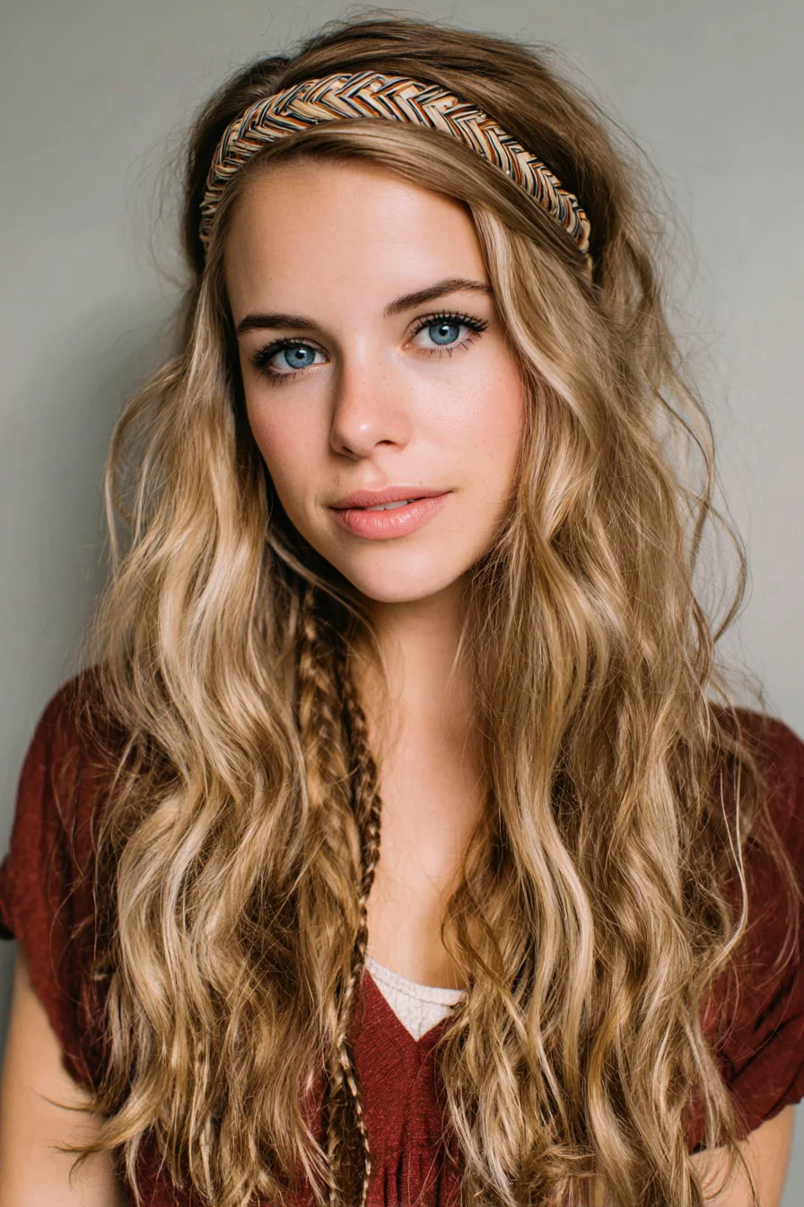 Boho Beachy Waves with Accent Braid and Fabric Headband