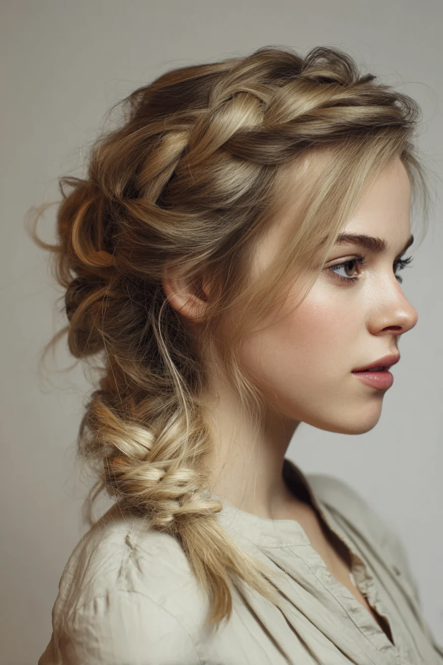 Boho Crown Braid Flowing into a Textured Low Side Braid