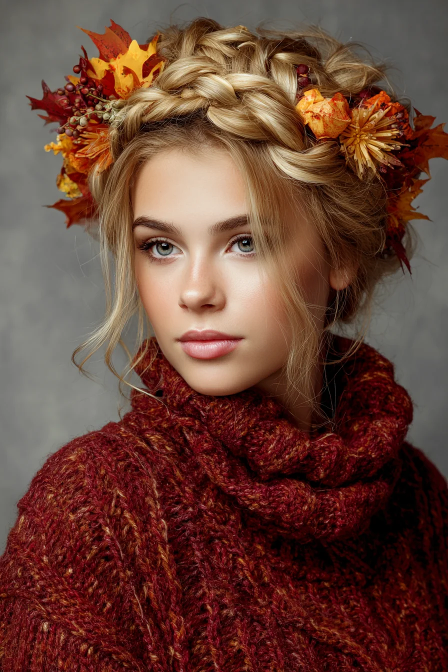 Boho Crown Braid Updo with Autumn Floral Accents — Medium to Long Hair