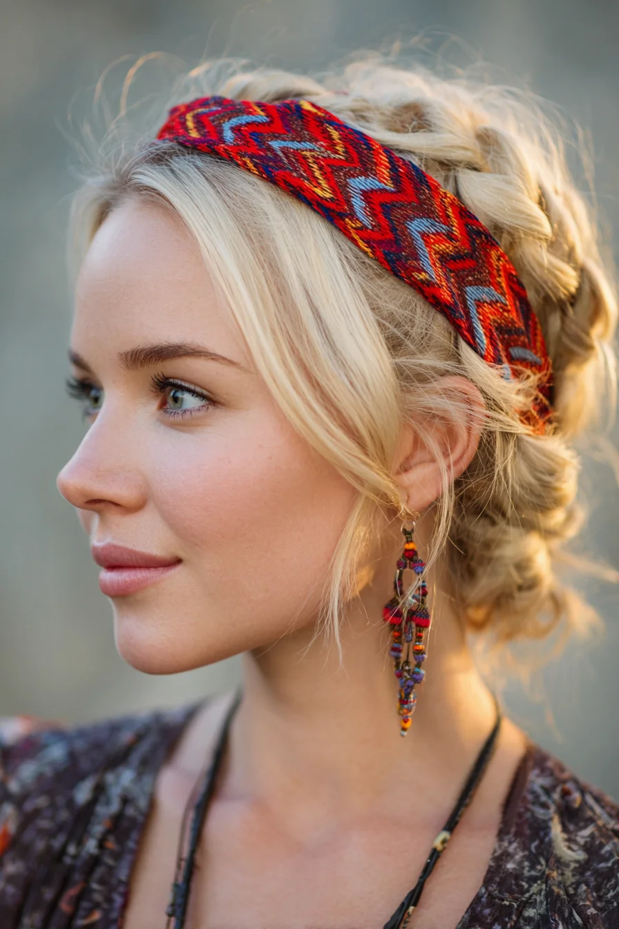 Boho Crown Braid Updo with Patterned Headband — Textured Blonde Style