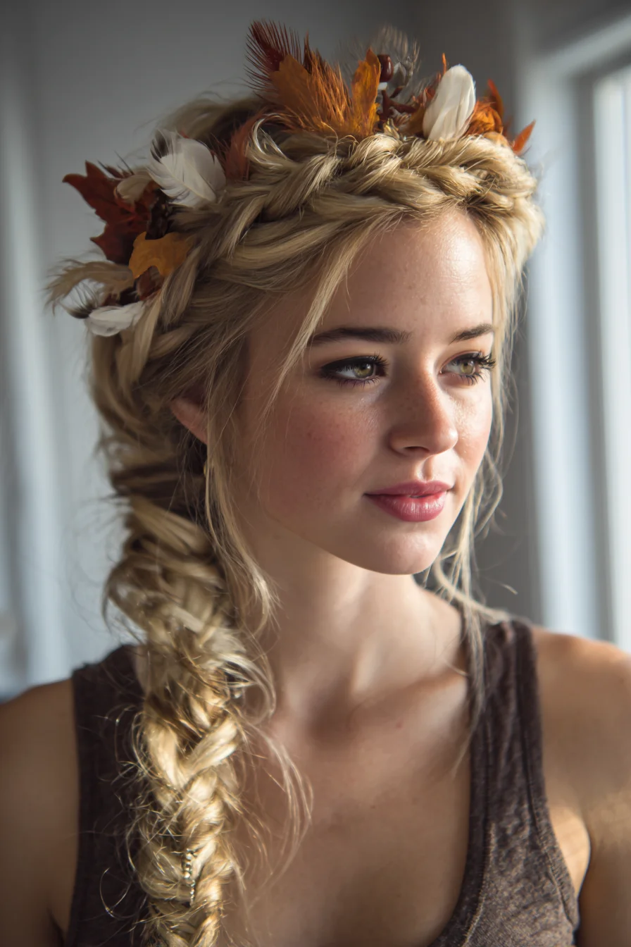 Boho Crown Braid with Side Fishtail and Feather Accents