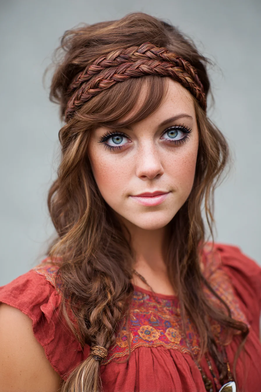 Boho Double-Crown Braids with Loose Textured Waves