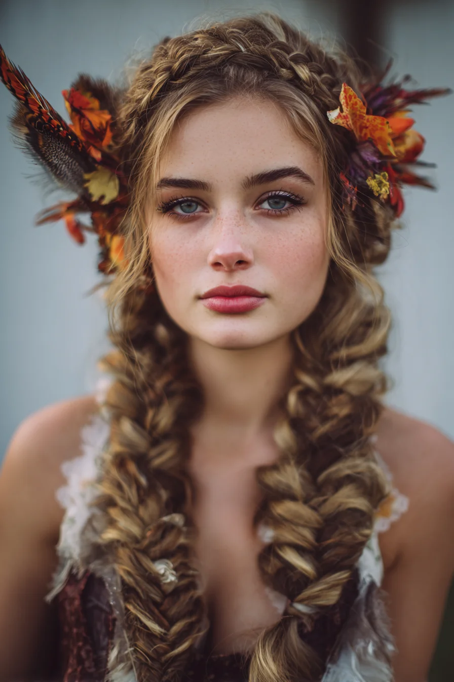 Boho Double Dutch Crown with Chunky Fishtail Braids and Floral Accents