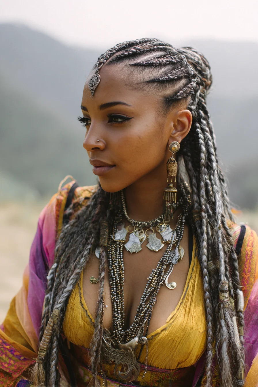 Boho Feed‑In Cornrows with Long Goddess Box Braids and Beaded Accents