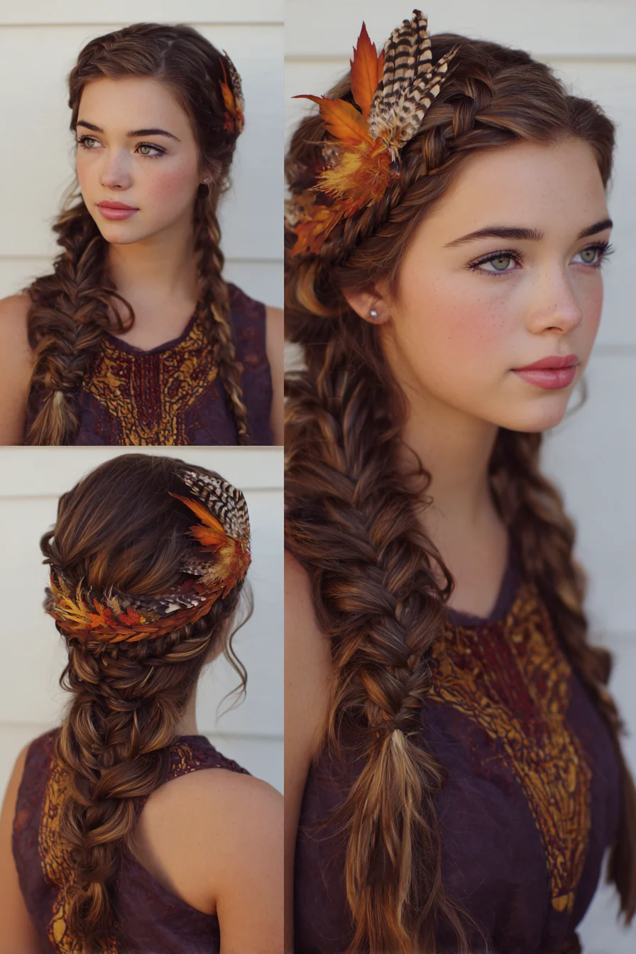 Boho Fishtail Side Braids with Feathered Crown