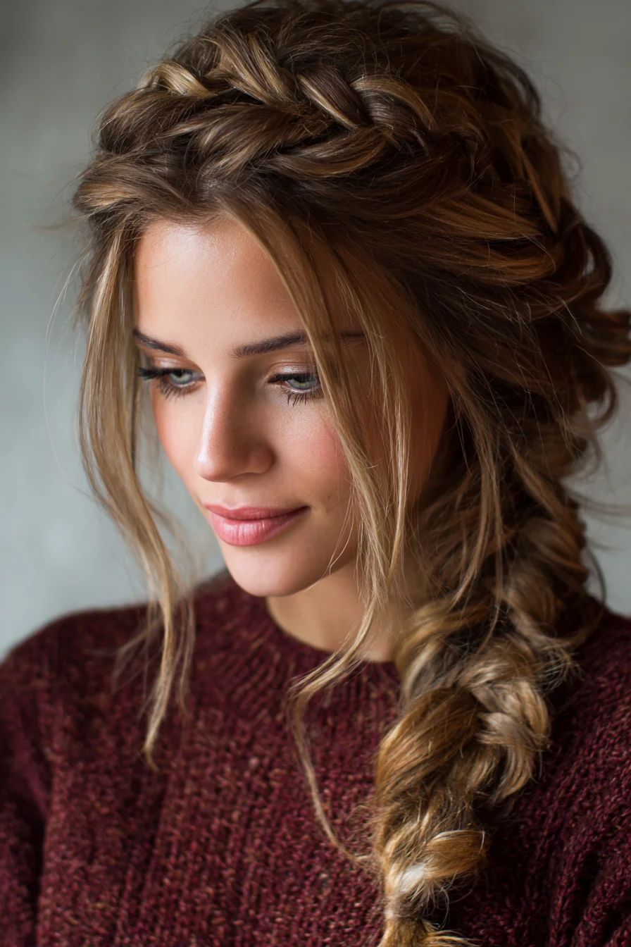 Boho Side Fishtail with Soft Crown Braid — Textured, Loose Side Braid