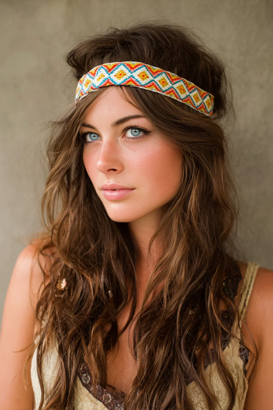 Boho Textured Beach Waves with Embroidered Headband — Long Layered Style