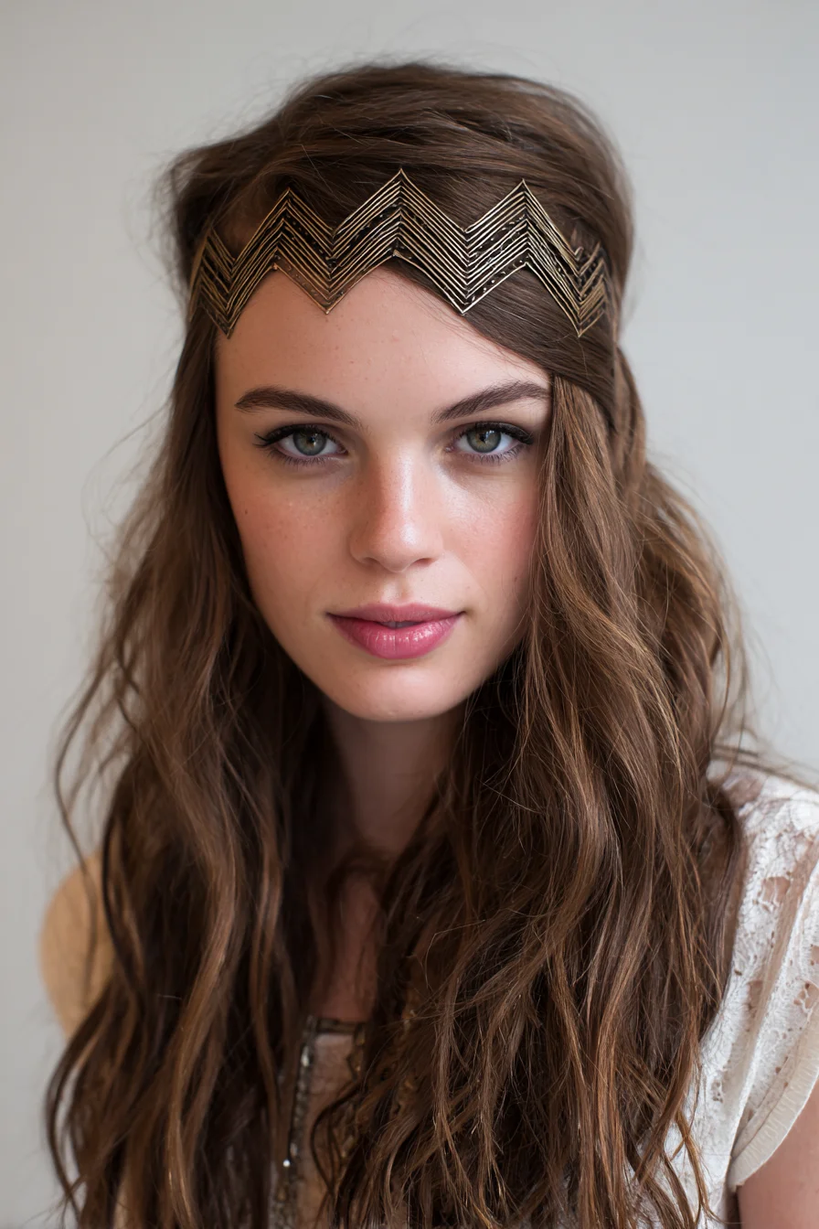Boho Textured Beach Waves with Metal Headband — Long Hair Styling