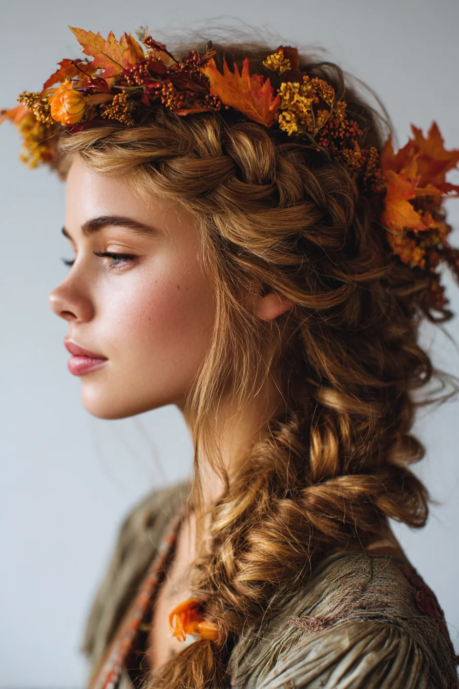 Boho Textured Crown-to-Side Braid with Autumn Floral Crown