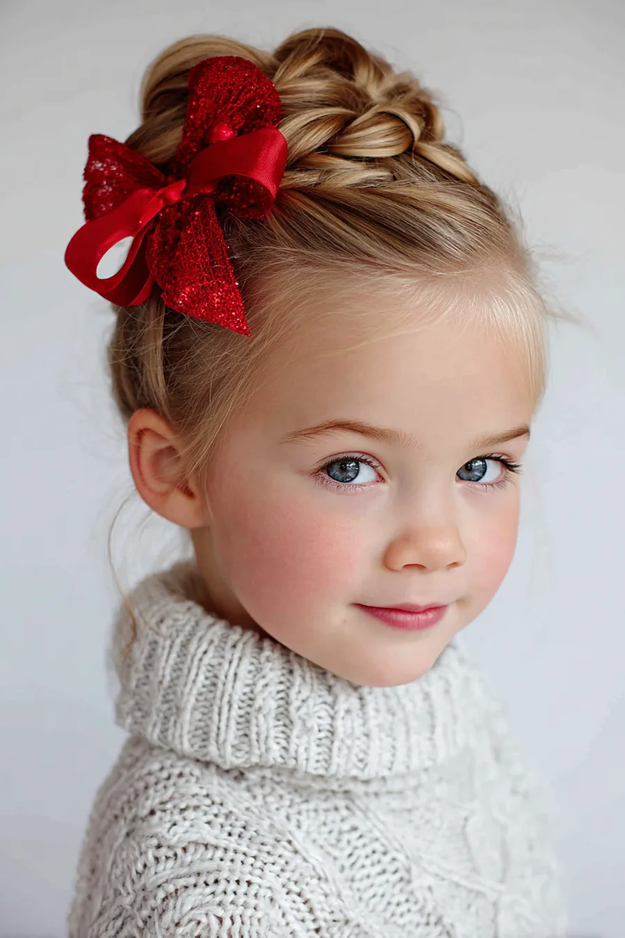 Braided Crown Topknot Updo with Red Bow