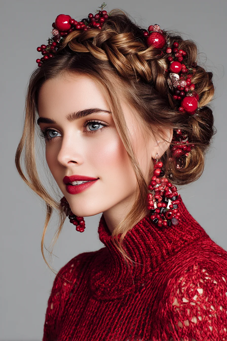 Braided Crown Updo with Berry Accents and Face‑Framing Tendrils