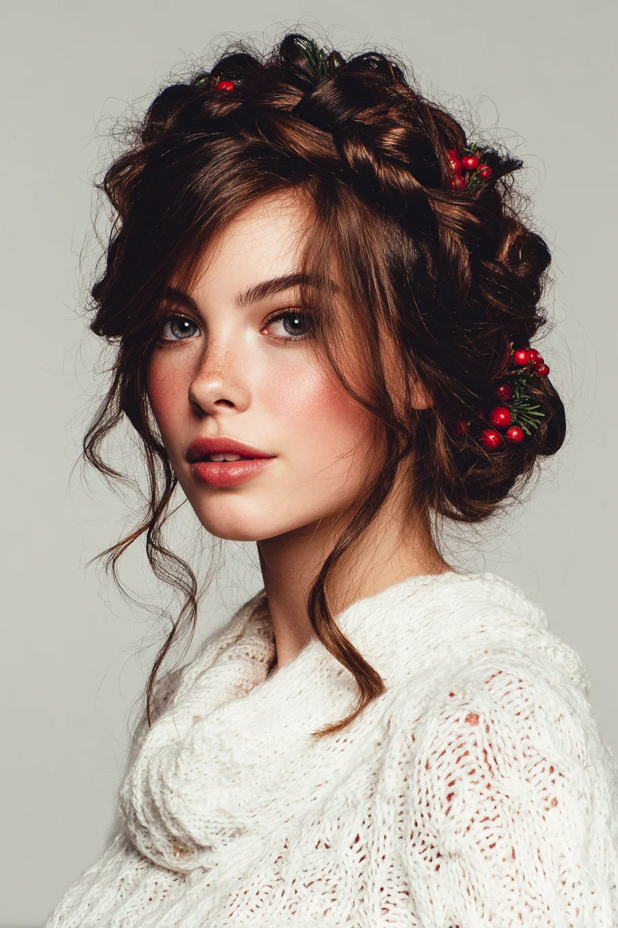 Braided Crown Updo with Loose Face‑Framing Tendrils