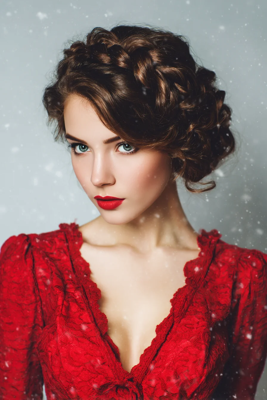 Braided Crown Updo with Soft, Textured Waves