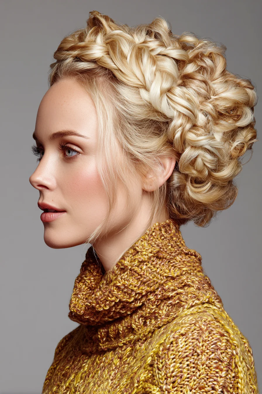 Braided Crown Updo with Voluminous Curly Bun for Medium to Thick Hair