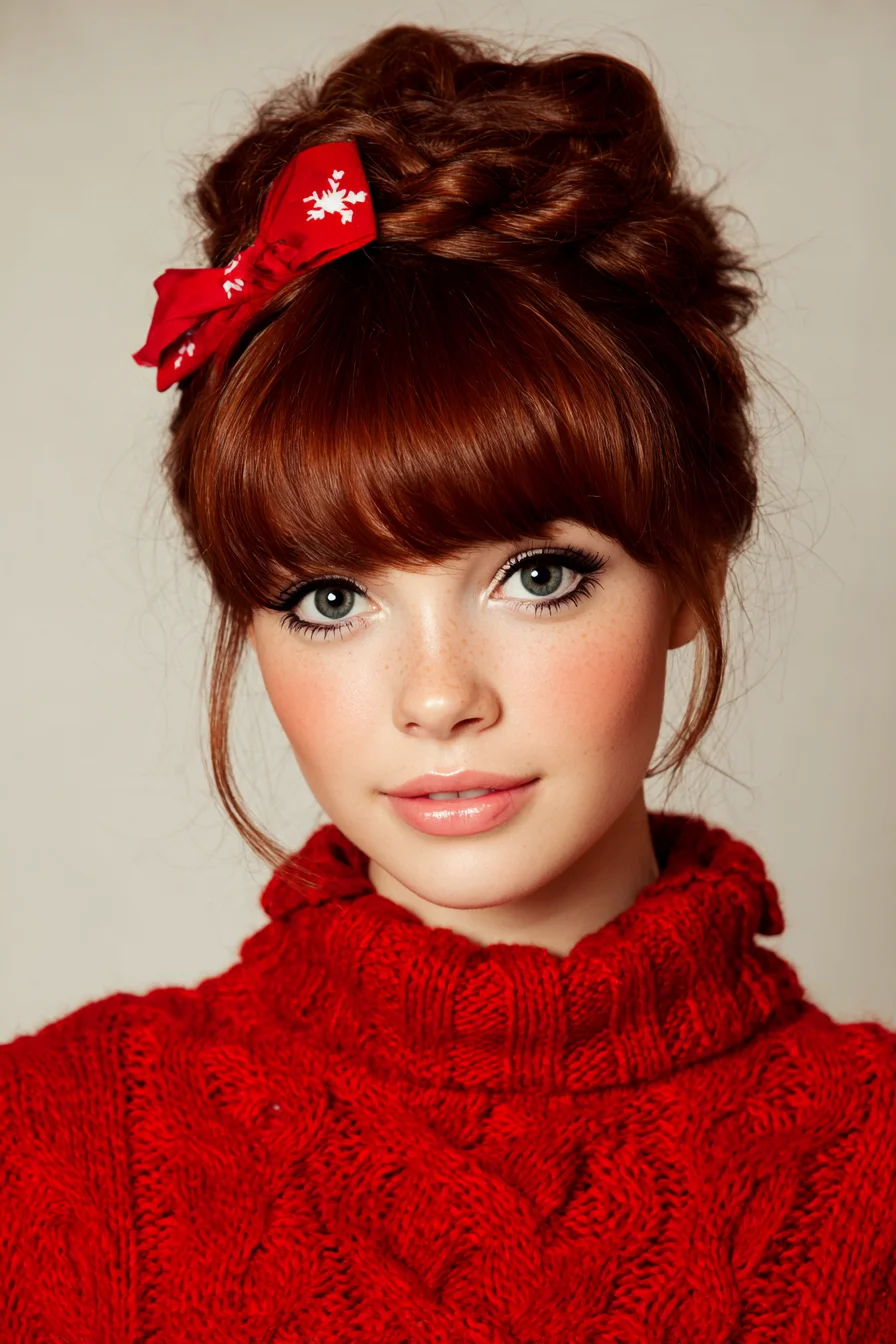 Braided Crown Updo with Wispy Bangs and Red Bow Accent