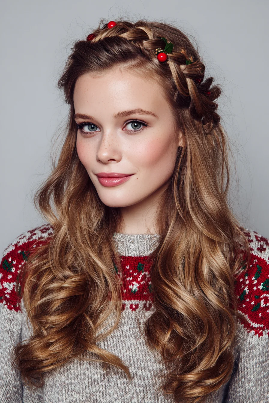 Braided Crown with Loose Waves — Half-Up Holiday Boho Hairstyle