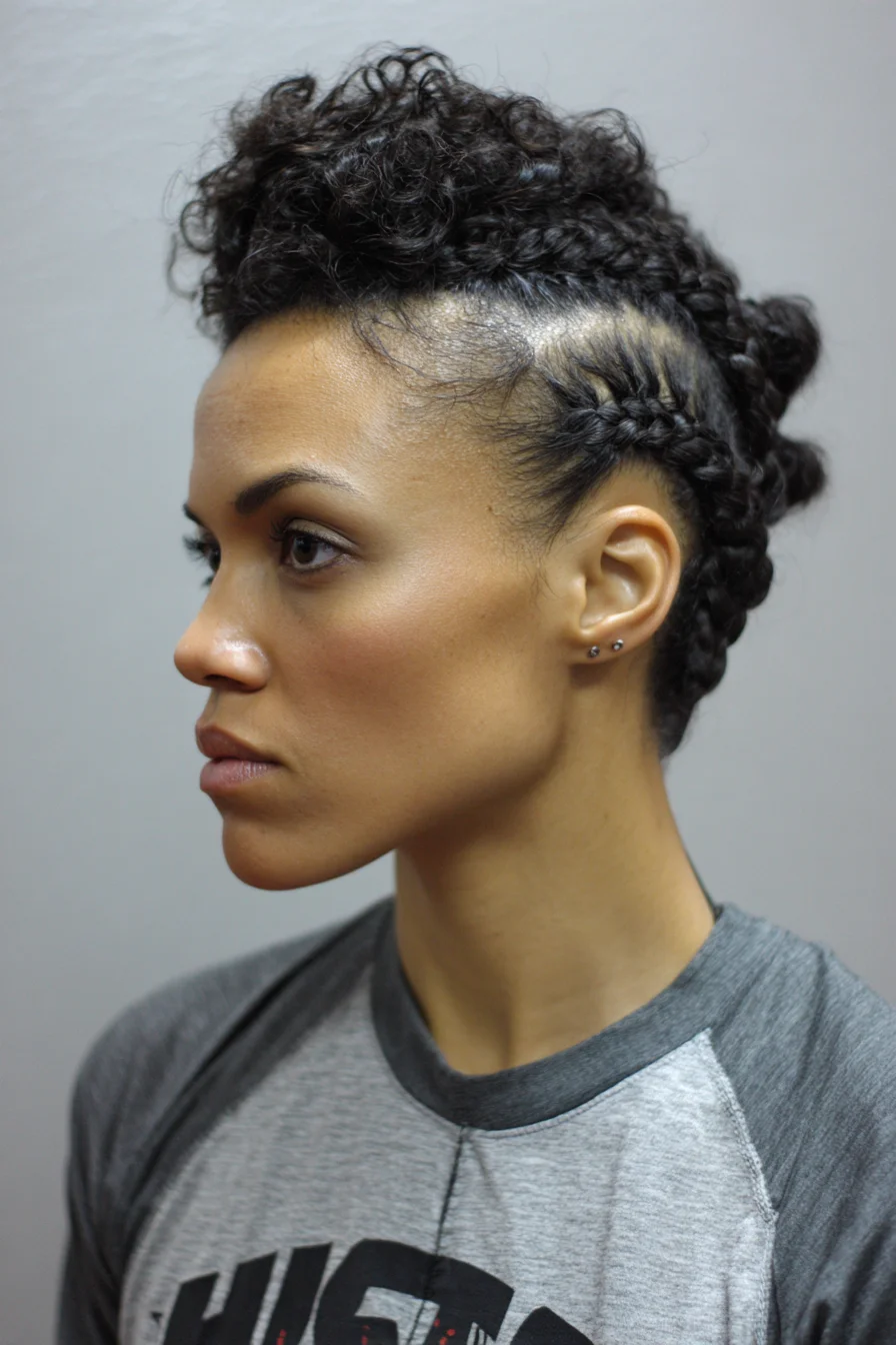 Braided Faux Hawk with Cornrows and Curly Textured Top