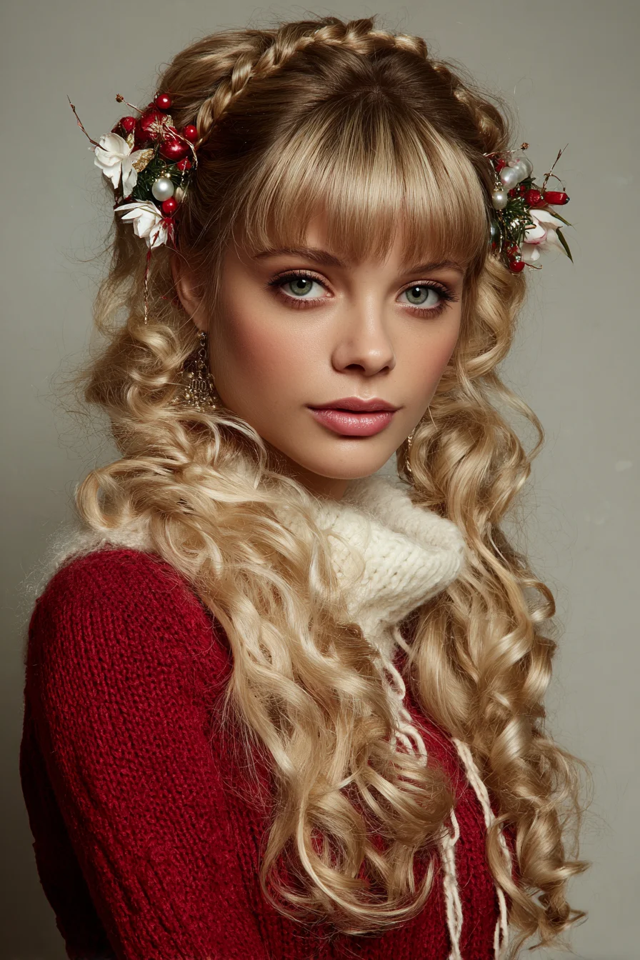 Braided Halo Crown with Loose Romantic Curls and Soft Fringe