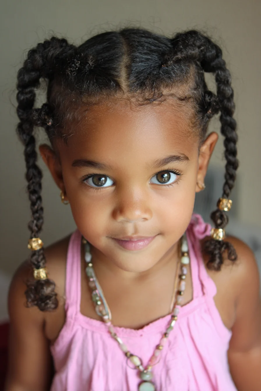 Center-Parted Braided Pigtails with Beads — Natural Hair Protective Style