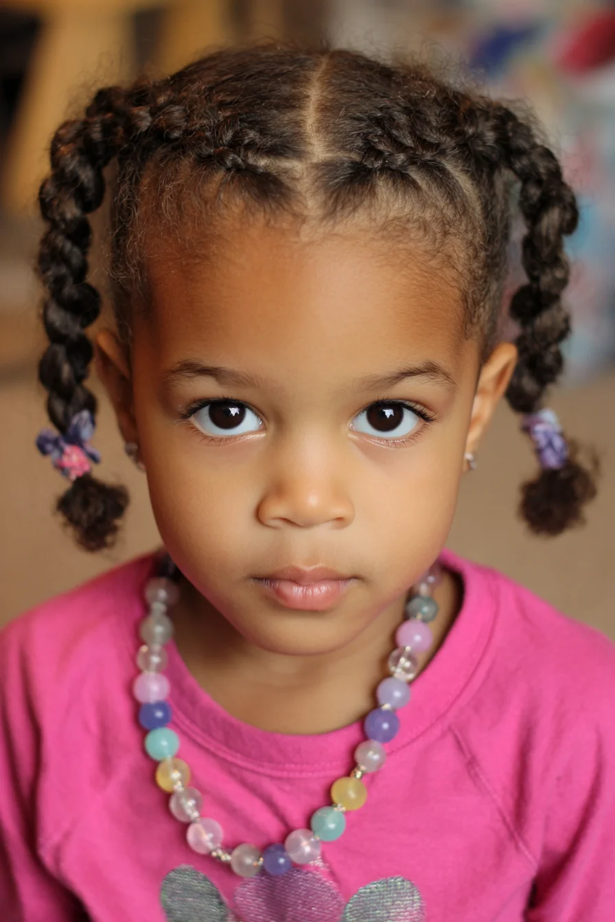Center-Parted Cornrow Pigtails — Two Braided Pigtails with Elastic Ends