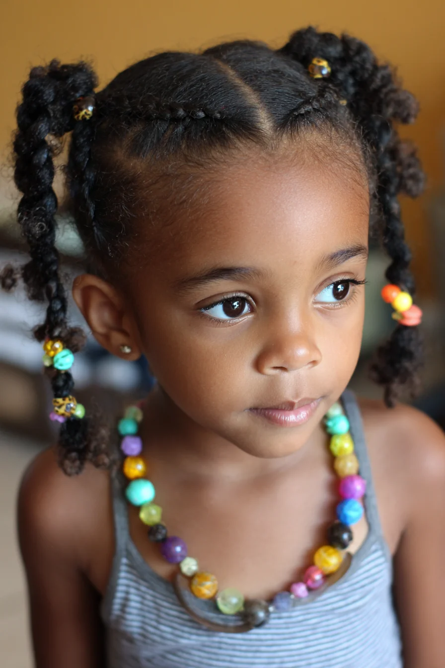 Center-Parted Cornrow Pigtails with Beads — Natural Curly/Kinky Hair