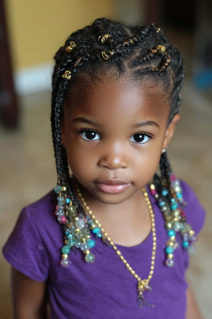 Child-Friendly Cornrow Braids with Beaded Ends and Gold Cuffs