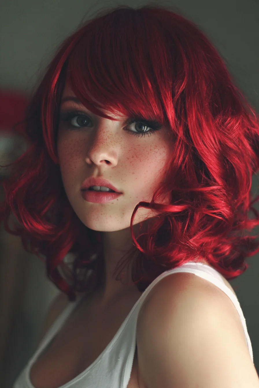 Chin-Length Vibrant Red Bob with Side-Swept Bangs and Soft Curls