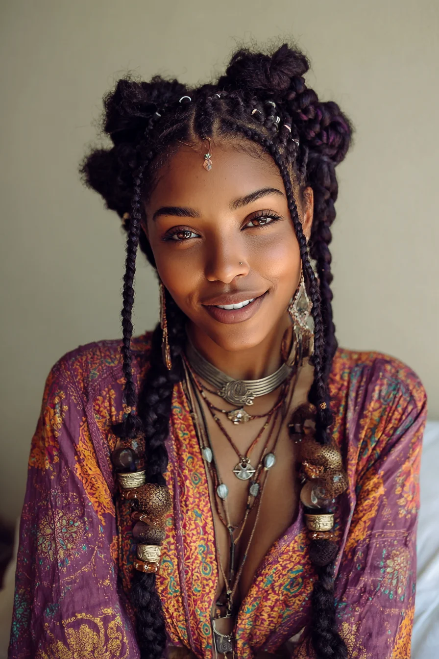 Chunky Beaded Box Braids with Mini Cornrows and Double Top Buns