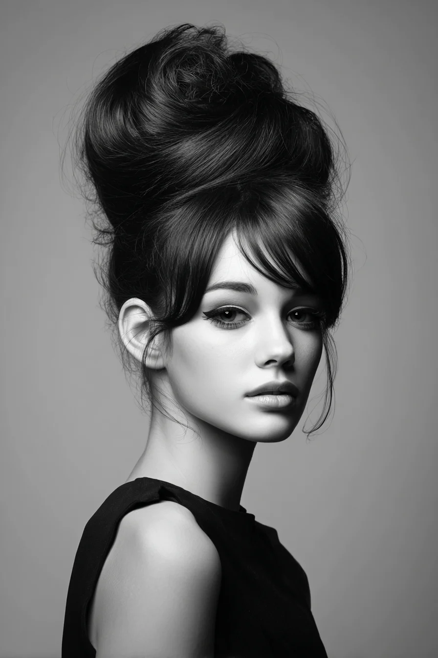 Classic Voluminous Beehive Updo with Soft Curtain Fringe