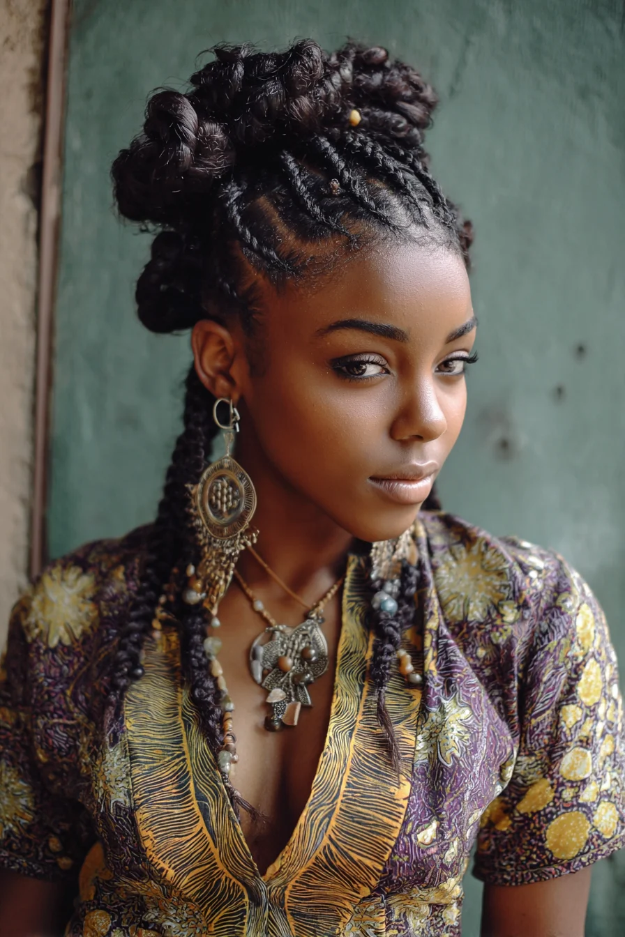 Cornrow Feed-In Updo with Twisted Mini-Buns and Beaded Braids