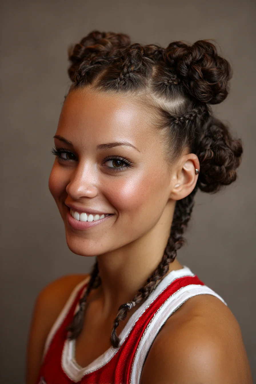 Cornrow Space Buns with Feed‑In Braids for Curly & Thick Hair