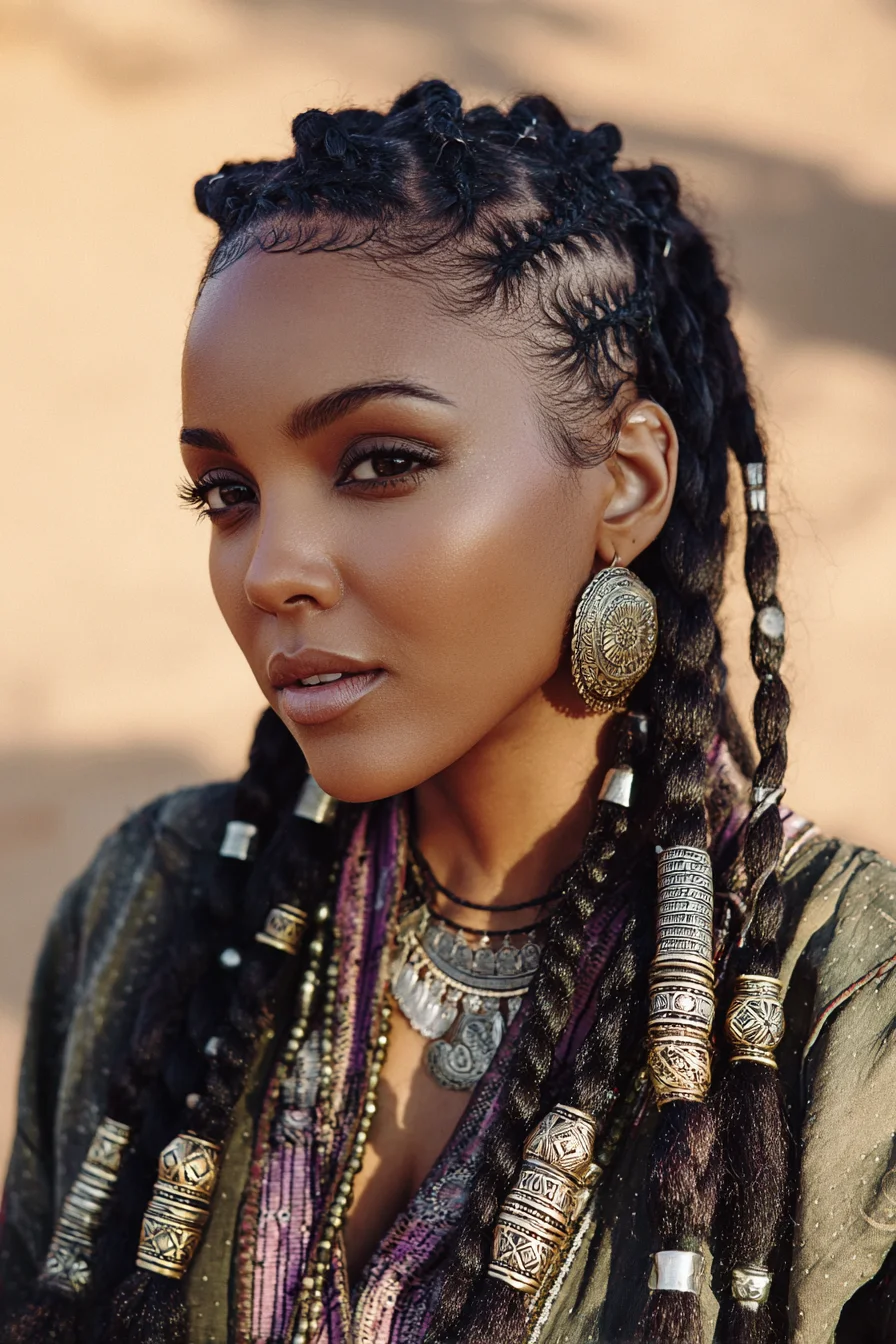 Cornrow-to-Twist Braids with Metal Cuffs — Boho Tribal Beaded Style