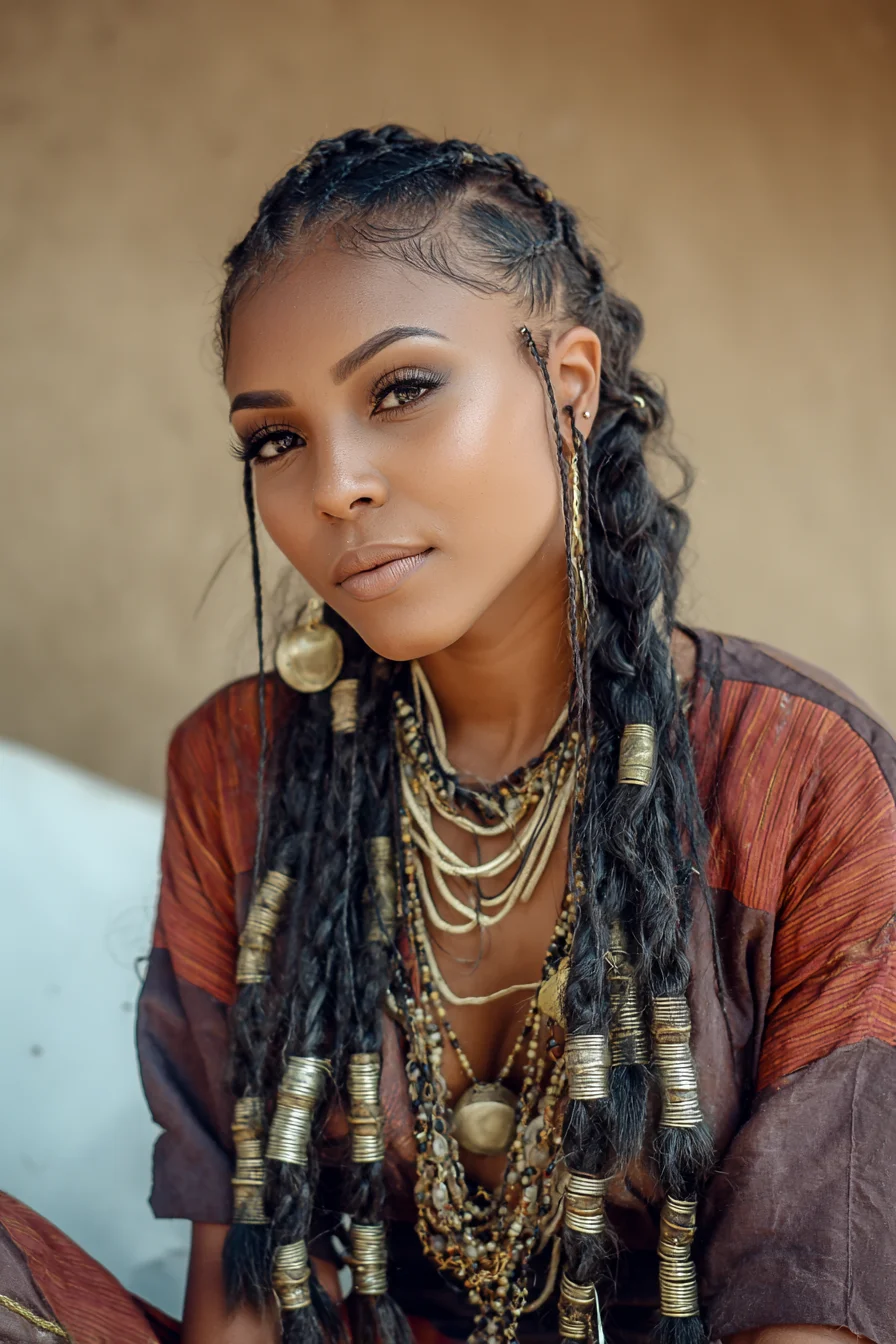 Cornrow-Top Boho Twists with Gold Cuffs and Face-Framing Pieces
