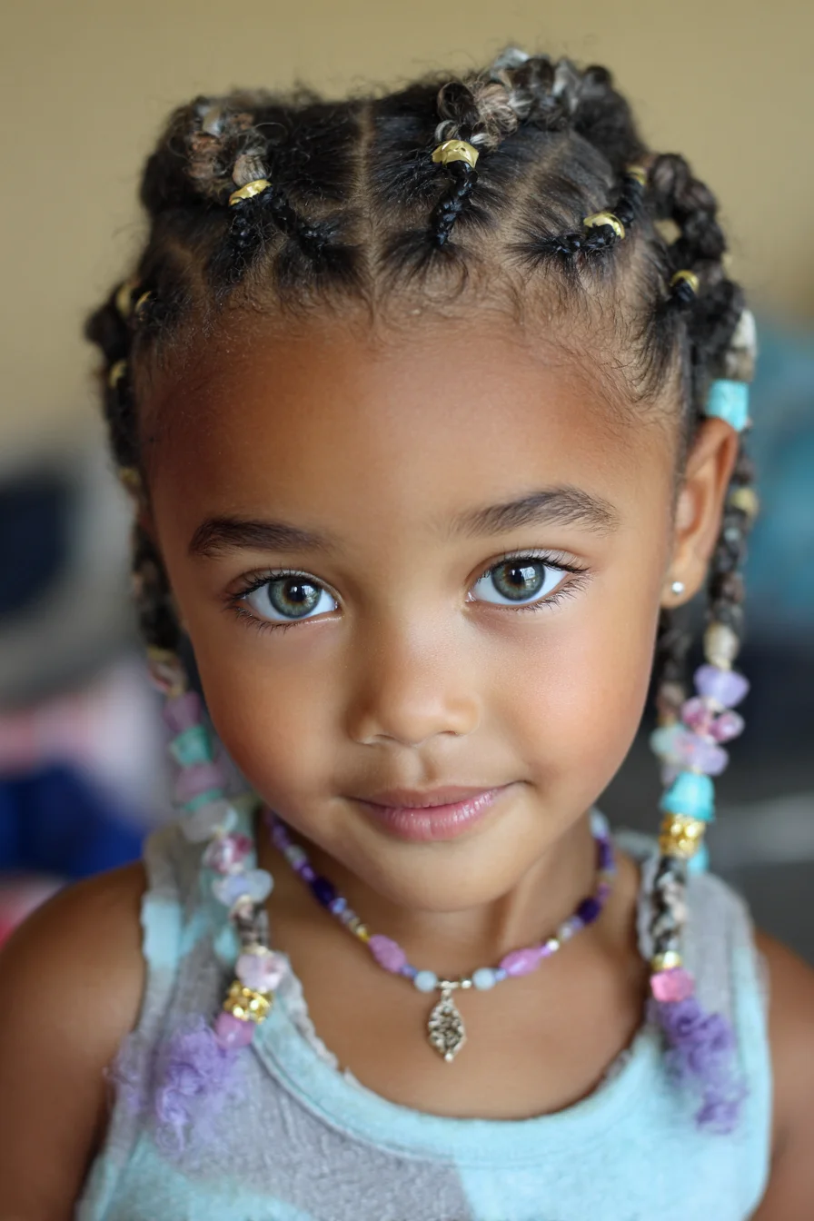 Cornrowed Box Braids with Beads and Colorful Yarn Ends