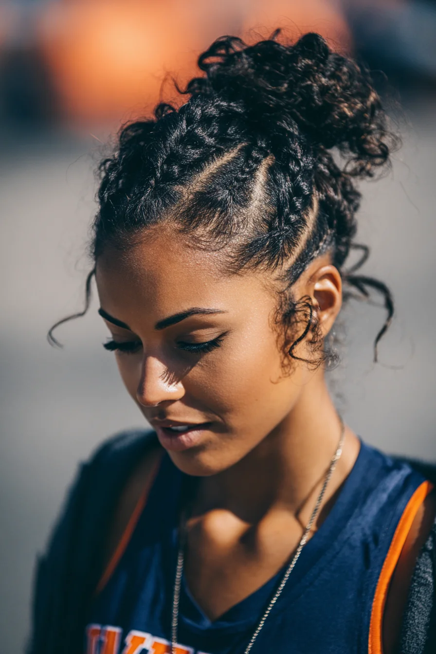 Cornrowed High Bun with Curly Top and Face‑Framing Tendrils