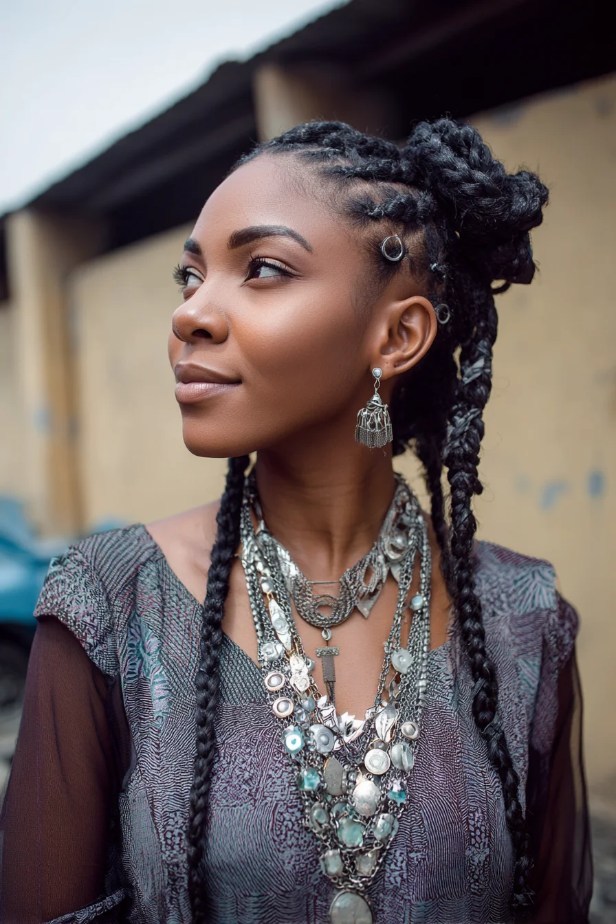 Cornrows with Braided Top Knot and Long Three-Strand Braids with Hair Rings