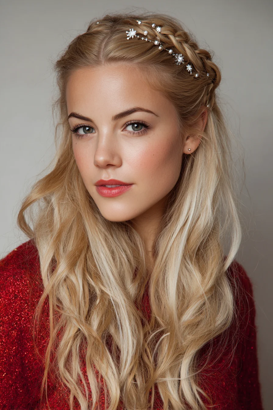 Crown Braid Half-Up with Loose Beachy Waves