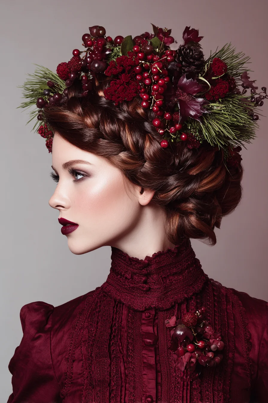 Crown Braided Romantic Updo with Berry and Pine Floral Accents