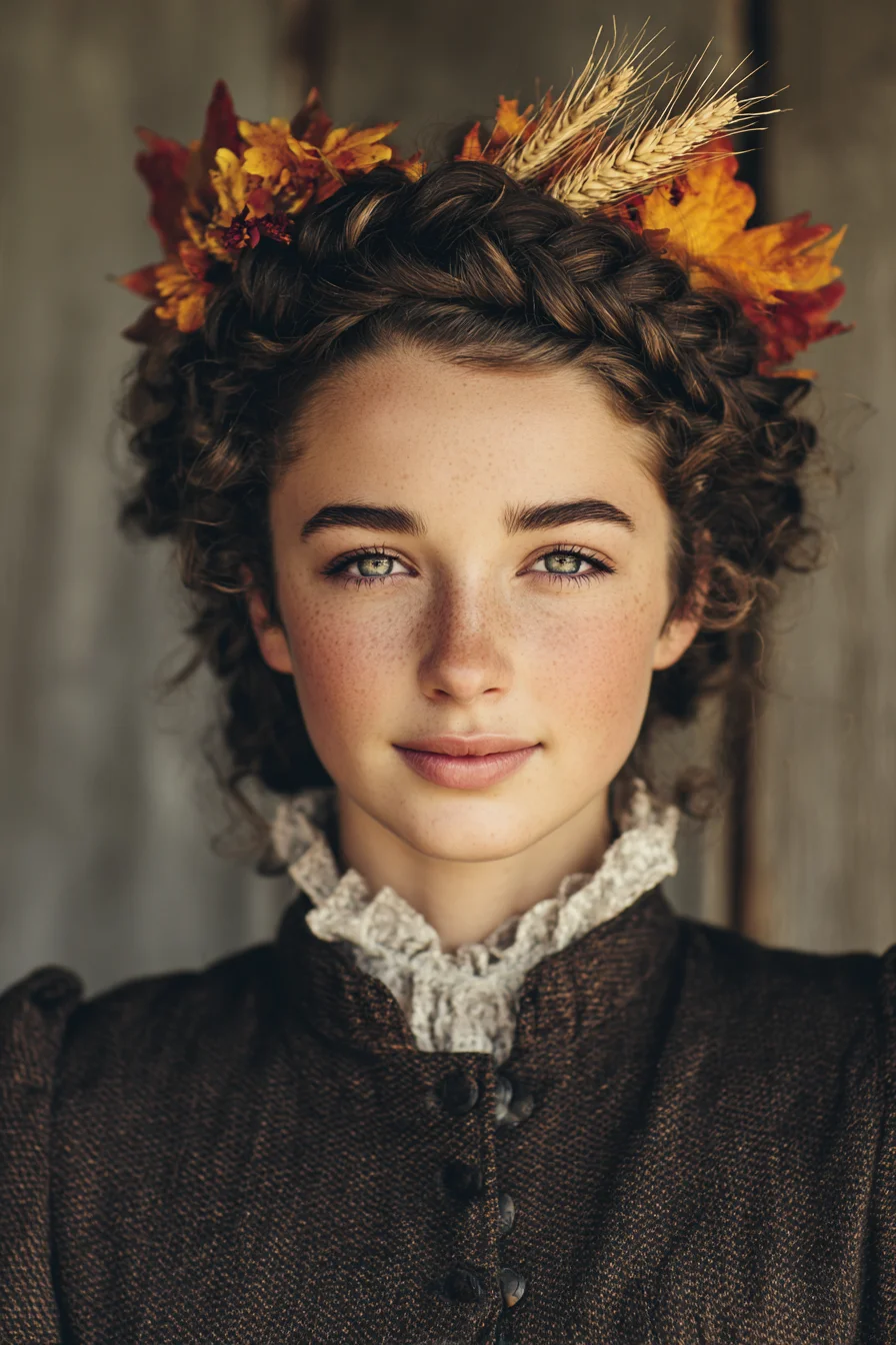 Crown Dutch Braid Curly Updo with Autumn Floral Accents