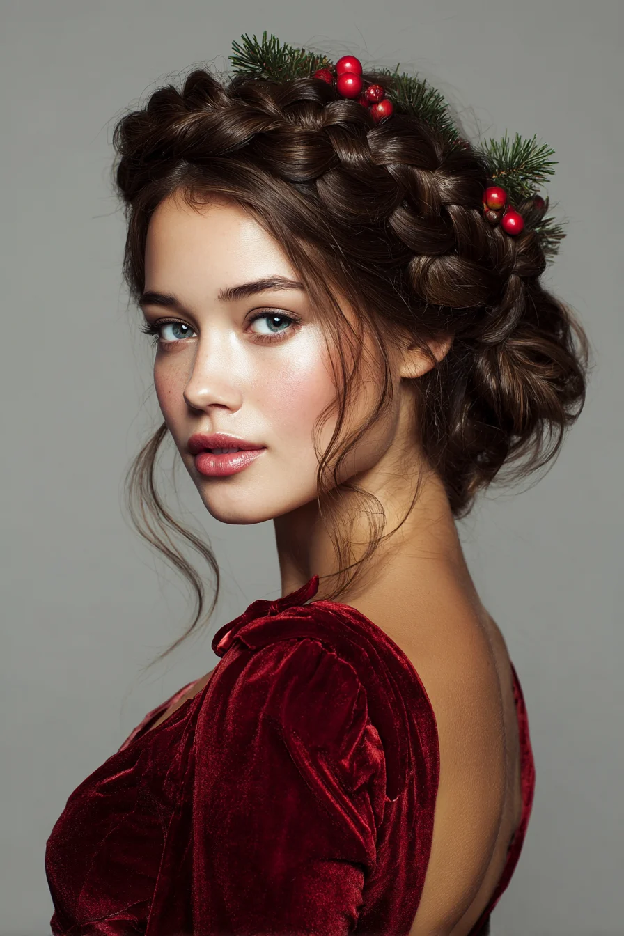 Crown Dutch Braid into Low Braided Bun with Festive Greenery