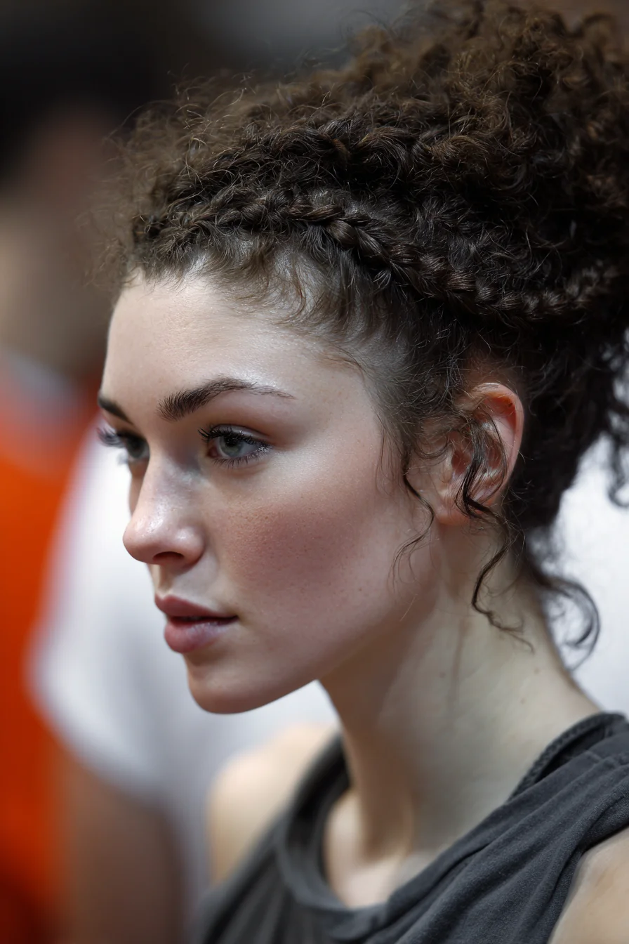 Curly Crown Braids with Voluminous Updo and Face‑Framing Tendrils
