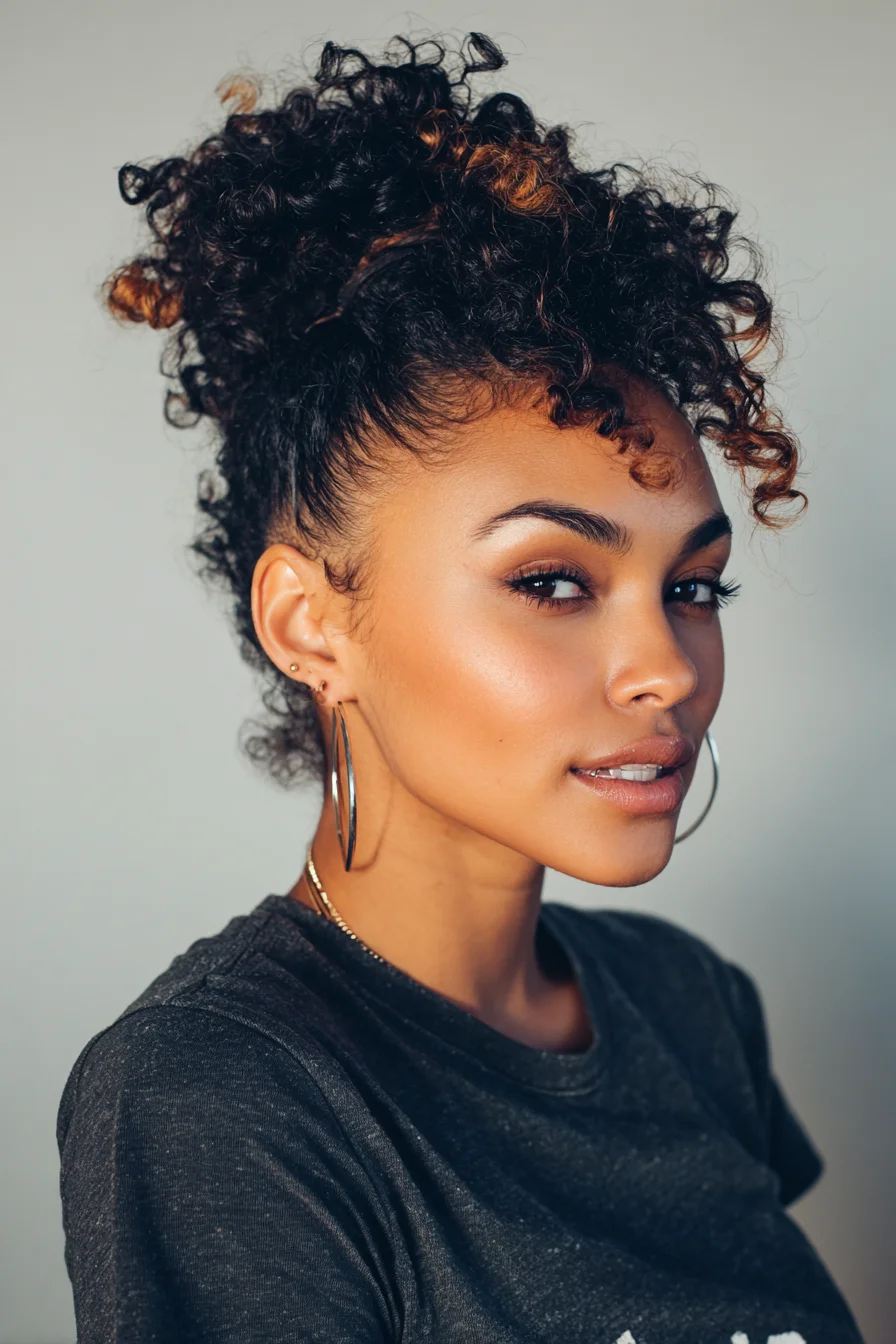 Curly High Puff Updo with Defined Baby Curls